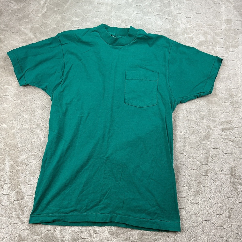 Vintage POCKET T SHIRT Large Green FRUIT OF THE LOOM Blank‎ Single Stitch DS